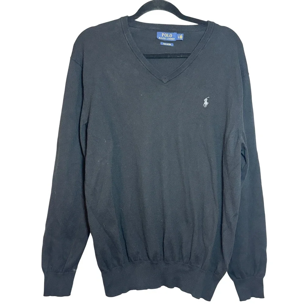 Polo Ralph Lauren Mens Black Pima Cotton V-Neck Sweater Size Large Pony Logo